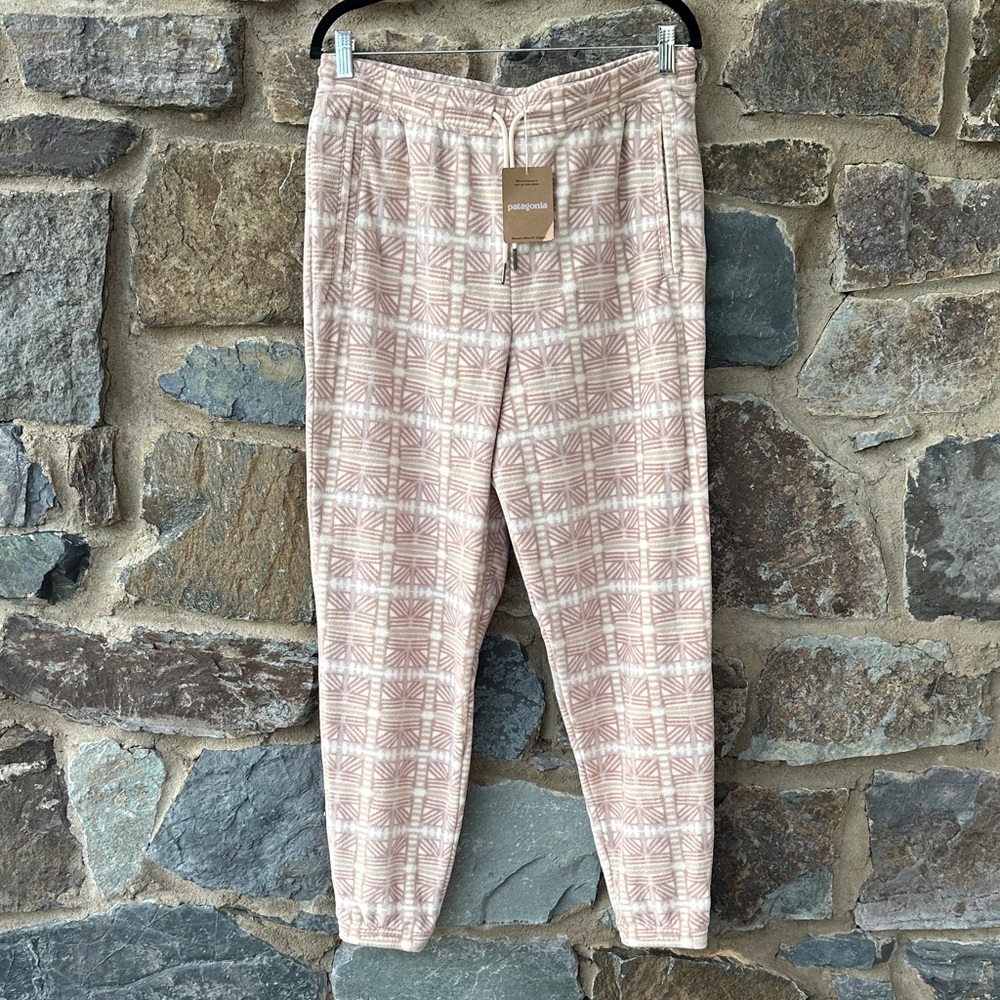 NWT Patagonia Women Elastic Waist Snow Beam Micro D Joggers SZ L Natural Tan Geo
